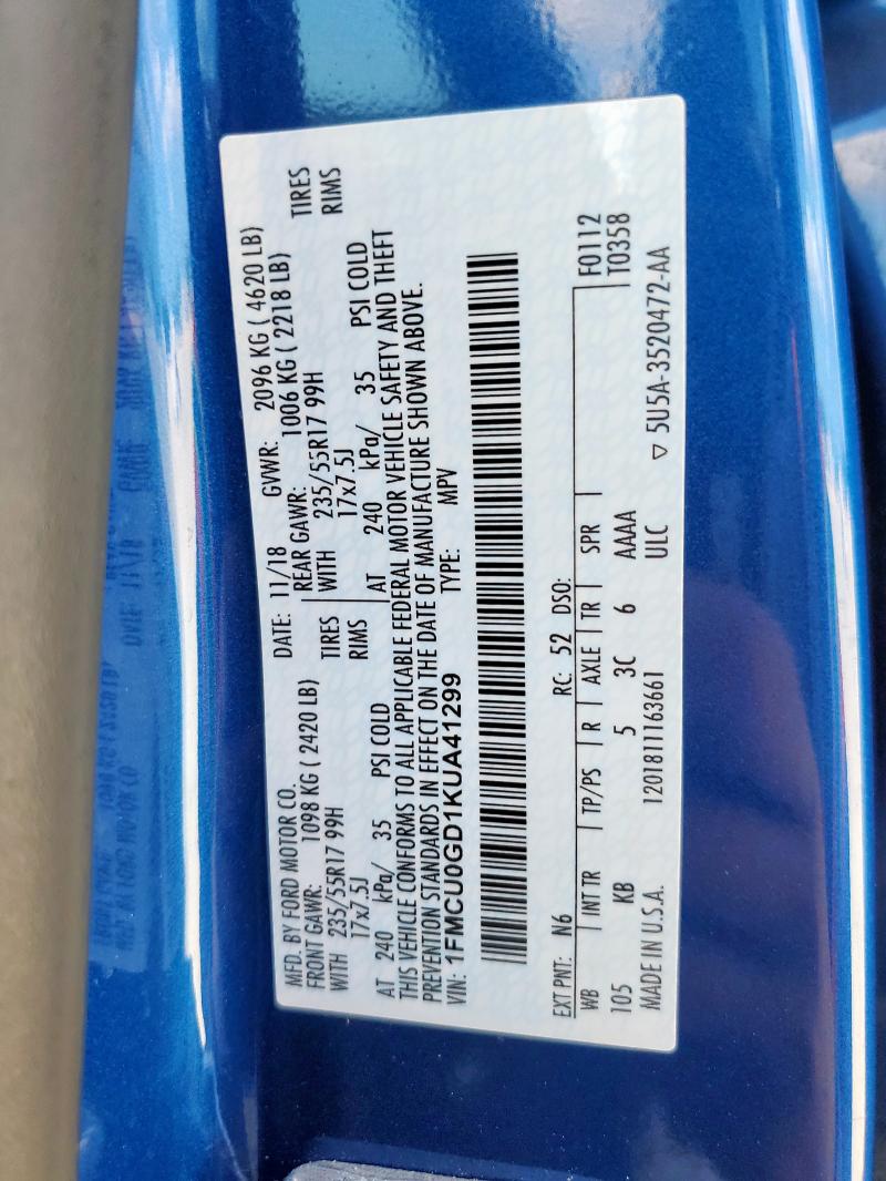 1FMCU0GD1KUA41299 - 2019 FORD ESCAPE SE 蓝色 照片 14