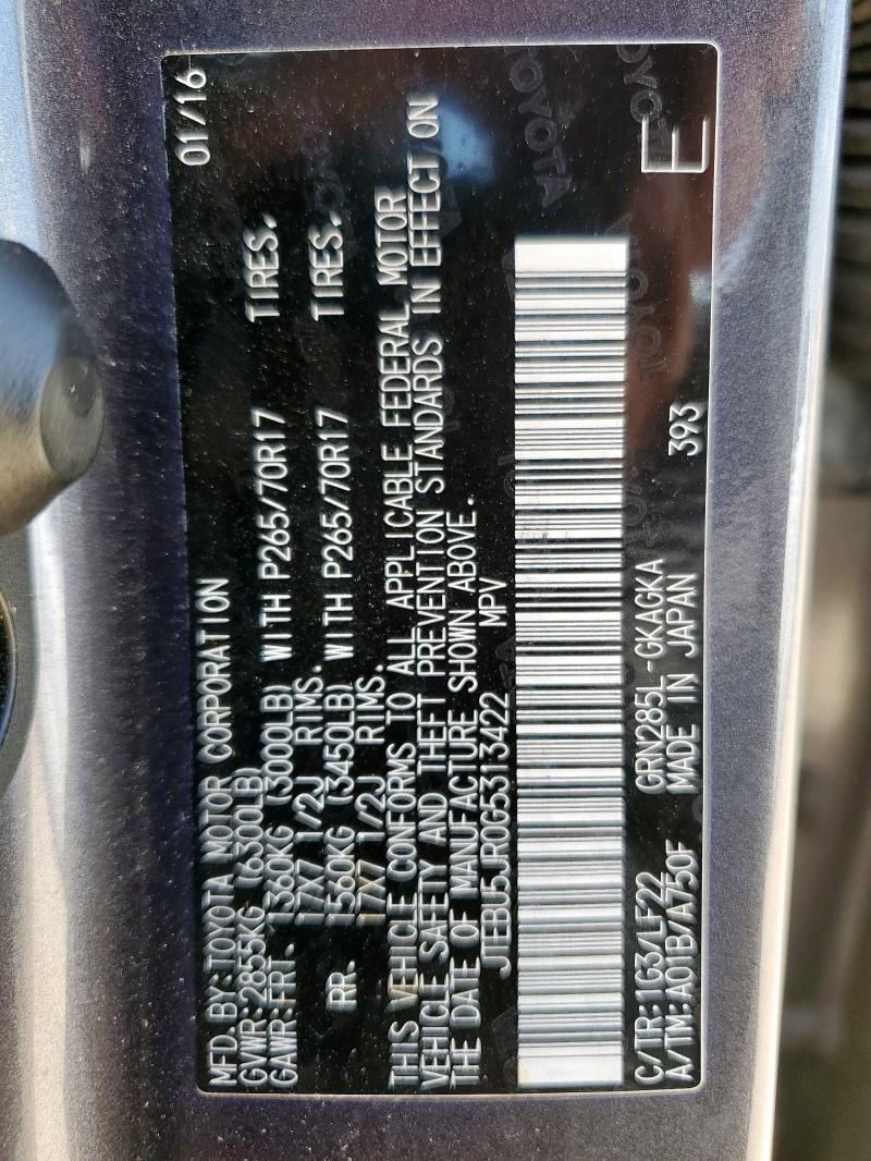 JTEBU5JR0G5313422 - 2016 TOYOTA 4RUNNER SR5/SR5 PREMIUM GRAY photo 12