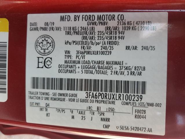 3FA6P0RUXLR100239 - 2020 FORD FUSION TITANIUM Qırmızı foto 12