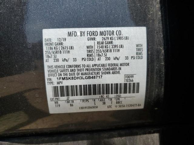 1FMSK8DH3LGB48717 - 2020 FORD EXPLORER XLT GRAY photo 13
