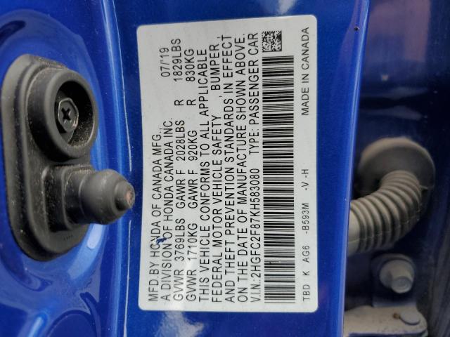 2HGFC2F87KH583080 - 2019 HONDA CIVIC SPORT 蓝色 照片 12