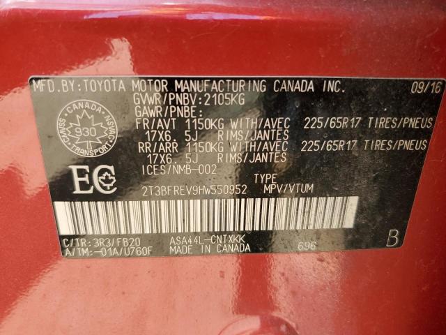 2T3BFREV9HW550952 - 2017 TOYOTA RAV4 LE წითელი ფოტო 12