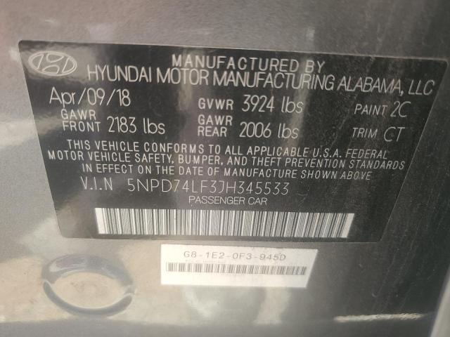 5NPD74LF3JH345533 - 2018 HYUNDAI ELANTRA SE GRAY photo 12