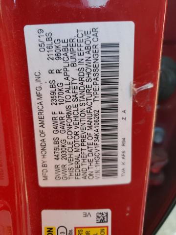 1HGCV1F34KA106262 - 2019 HONDA ACCORD SPORT Kırmızı fotoğraf 12