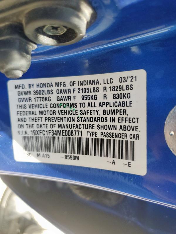 19XFC1F34ME008771 - 2021 HONDA CIVIC EX BLUE photo 13