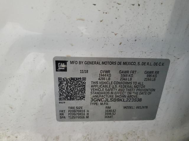 3GNCJLSB9KL223838 - 2019 CHEVROLET TRAX 1LT WHITE photo 12