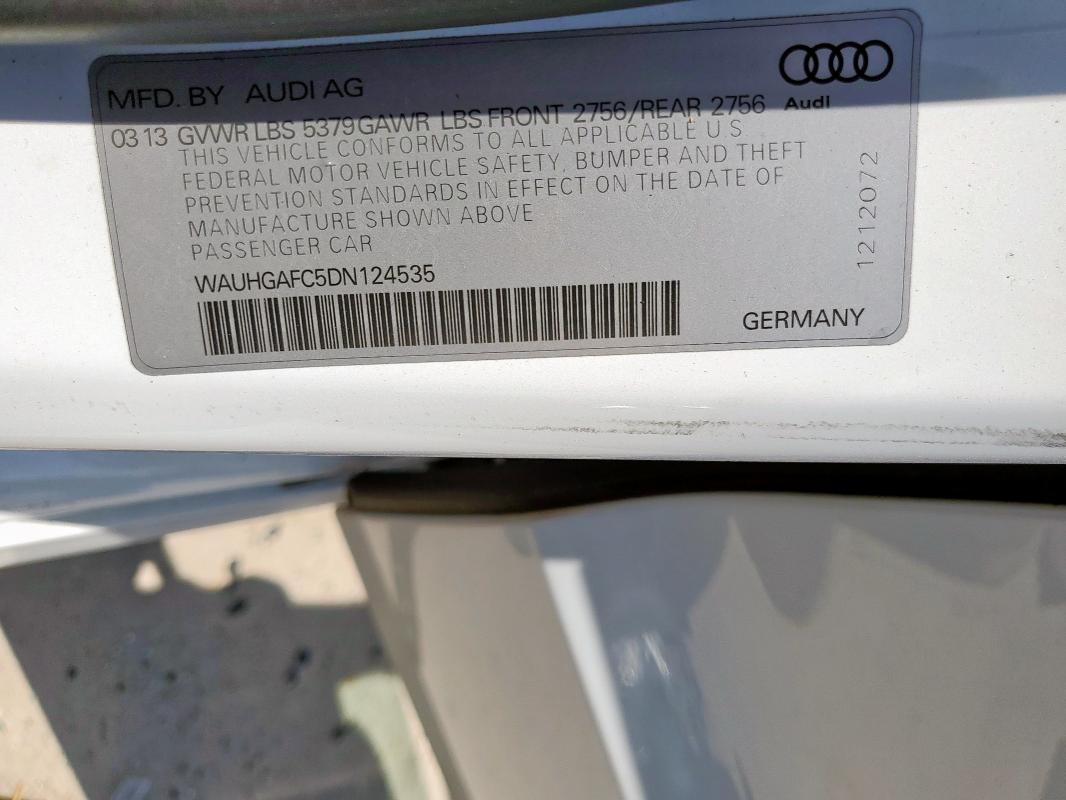 WAUHGAFC5DN124535 - 2013 AUDI A6 PRESTIGE თეთრი ფოტო 12