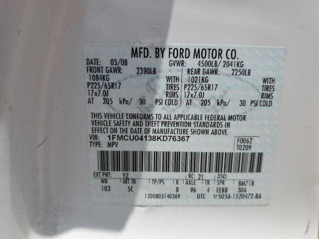 1FMCU04138KD76367 - 2008 FORD ESCAPE LIMITED 白色 照片 13