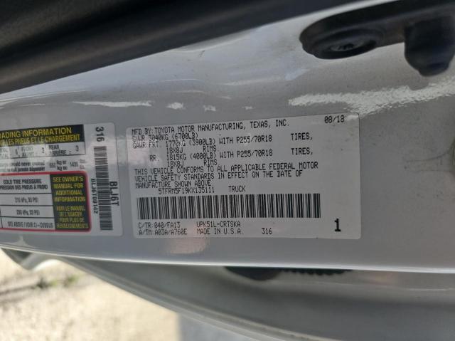 5TFRM5F19KX135111 - 2019 TOYOTA TUNDRA DOUBLE CAB SR WHITE photo 10