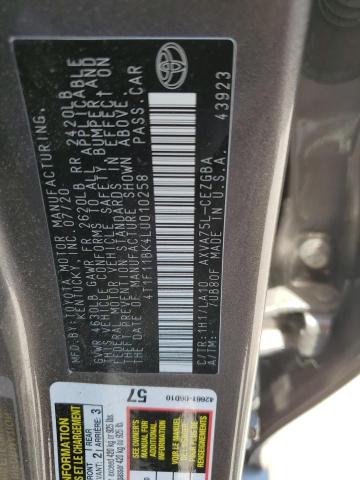 4T1F11BK4LU010258 - 2020 TOYOTA CAMRY XLE GRAY photo 12