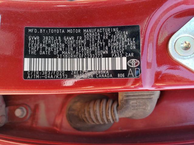 2T1BURHE6FC293273 - 2015 TOYOTA COROLLA L RED photo 12