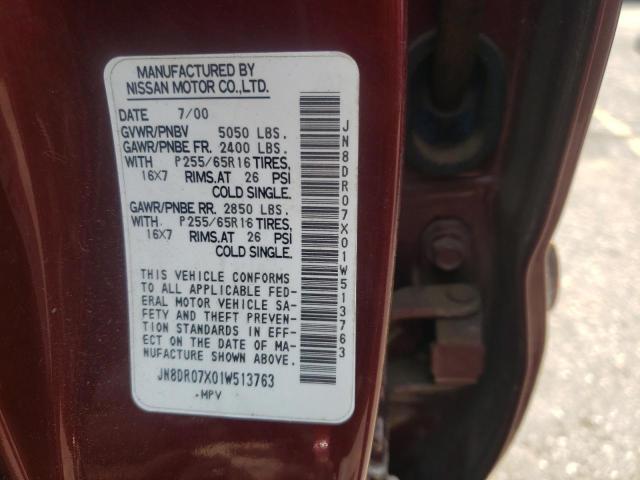 JN8DR07X01W513763 - 2001 NISSAN PATHFINDER LE მუქწითელი ფოტო 13