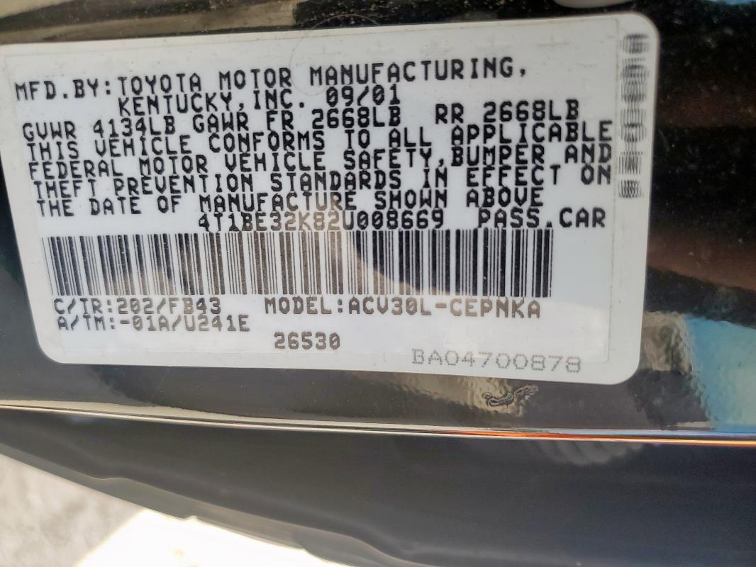 4T1BE32K82U008669 - 2002 TOYOTA CAMRY LE BLACK photo 12