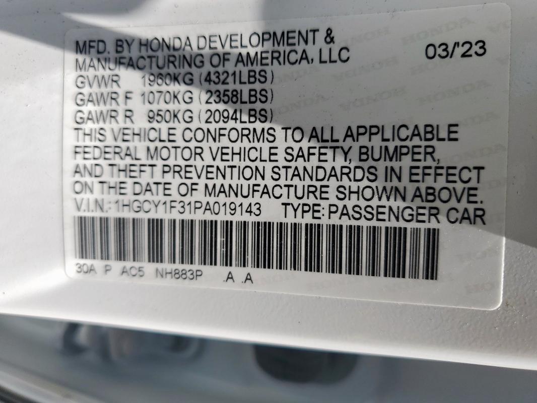 1HGCY1F31PA019143 - 2023 HONDA ACCORD EX 白色 照片 12