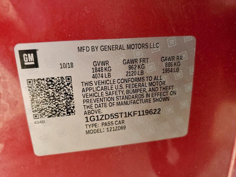 1G1ZD5ST1KF119622 - 2019 CHEVROLET MALIBU LT MAROON photo 13