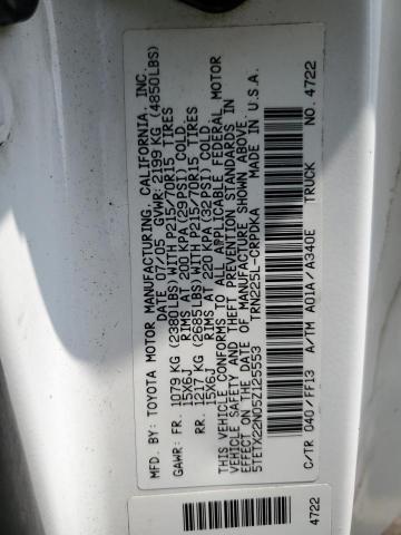 5TETX22N05Z125553 - 2005 TOYOTA TACOMA ACCESS CAB თეთრი ფოტო 12