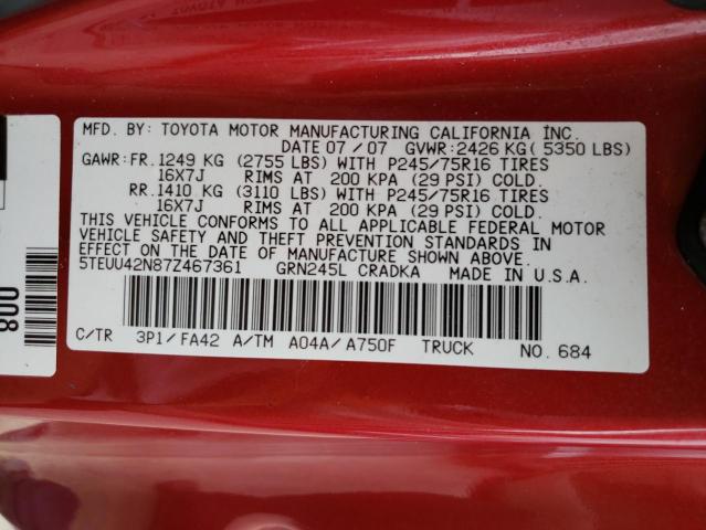 5TEUU42N87Z467361 - 2007 TOYOTA TACOMA ACCESS CAB წითელი ფოტო 12