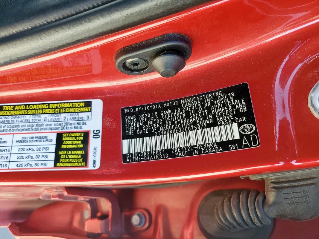 2T1BURHE3JC075977 - 2018 TOYOTA COROLLA L BURGUNDY photo 12