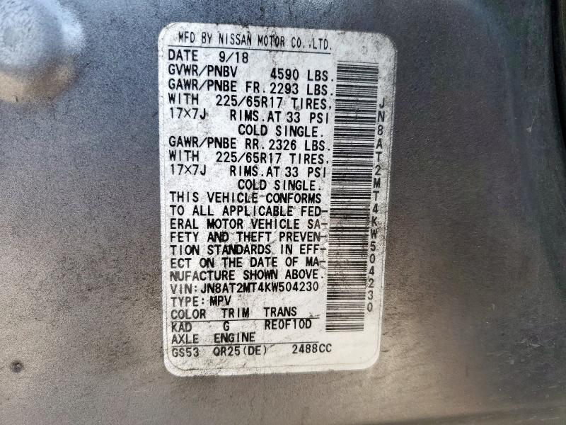 JN8AT2MT4KW504230 - 2019 NISSAN ROGUE S ნაცრისფერი ფოტო 13