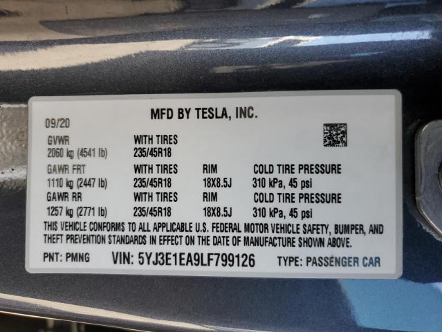 5YJ3E1EA9LF799126 - 2020 TESLA MODEL 3 GRAY photo 13