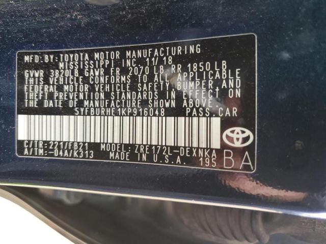 5YFBURHE1KP916048 - 2019 TOYOTA COROLLA L BLUE photo 12