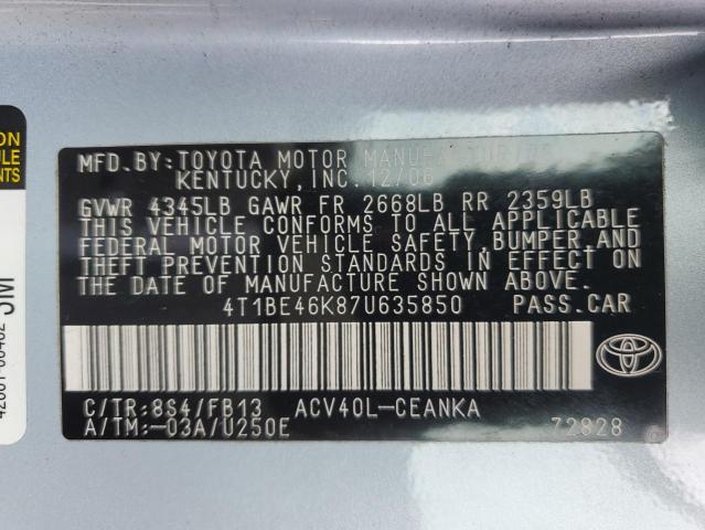 4T1BE46K87U635850 - 2007 TOYOTA CAMRY CE 蓝色 照片 12