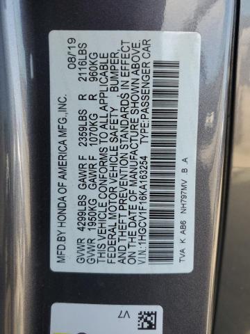 1HGCV1F16KA163254 - 2019 HONDA ACCORD LX GRAY photo 13