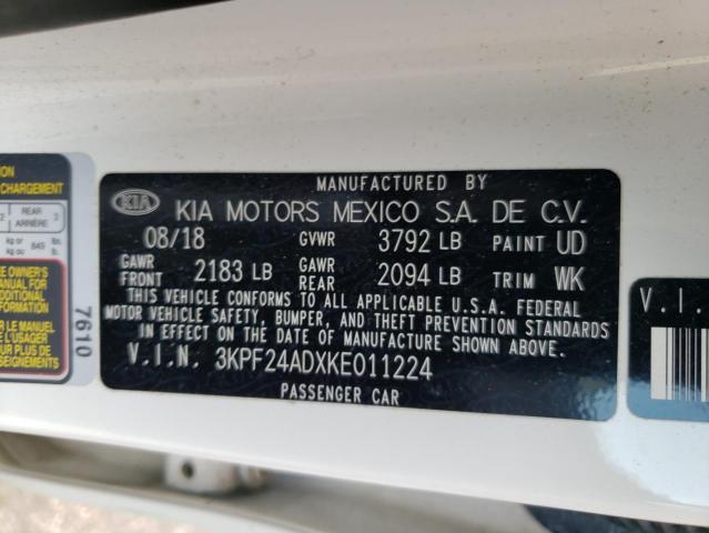 3KPF24ADXKE011224 - 2019 KIA FORTE FE WHITE photo 12