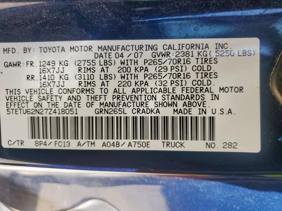 5TETU62N27Z418051 - 2007 TOYOTA TACOMA PRERUNNER ACCESS CAB BLUE photo 12