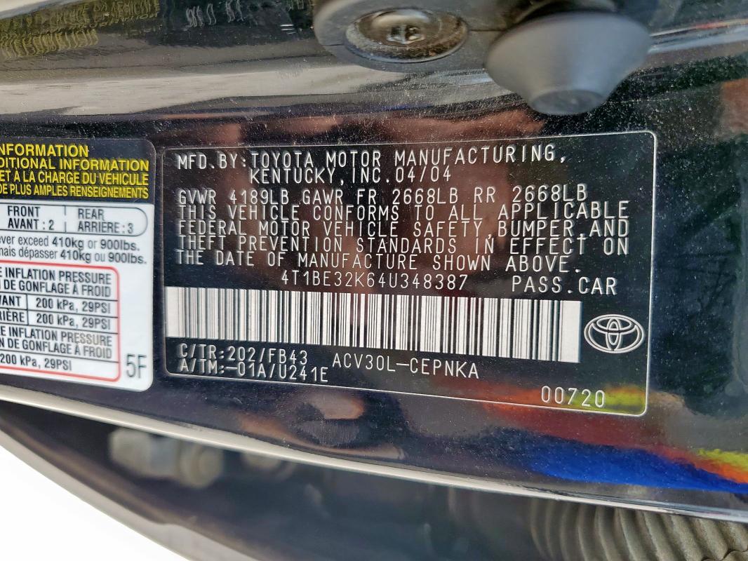 4T1BE32K64U348387 - 2004 TOYOTA CAMRY LE BLACK photo 12