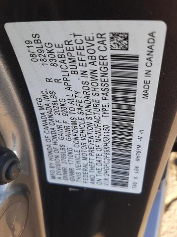 2HGFC2F89KH591150 - 2019 HONDA CIVIC SPORT GRAY photo 12