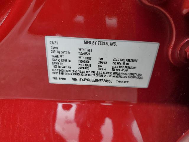 5YJYGDEE8MF228863 - 2021 TESLA MODEL Y Rouge photo 12