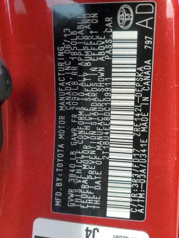 2T1BU4EE8DC109911 - 2013 TOYOTA COROLLA BASE Bordeaux photo 12