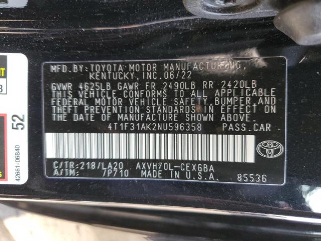 4T1F31AK2NU596358 - 2022 TOYOTA CAMRY XLE BLACK photo 12