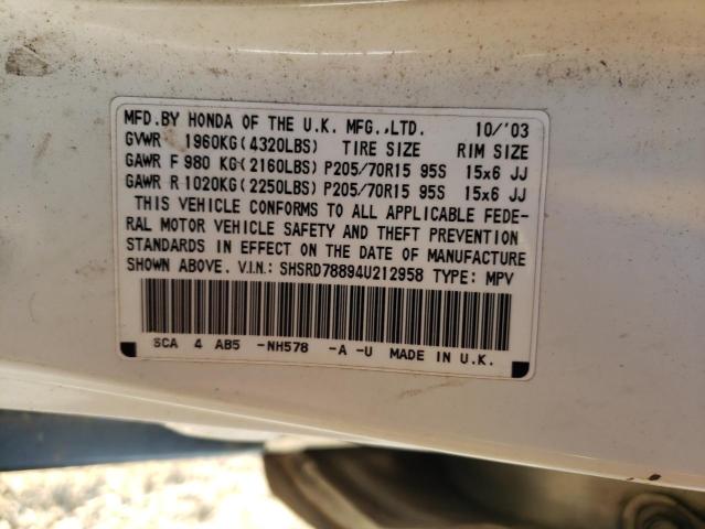 SHSRD78894U212958 - 2004 HONDA CR-V EX WHITE photo 13