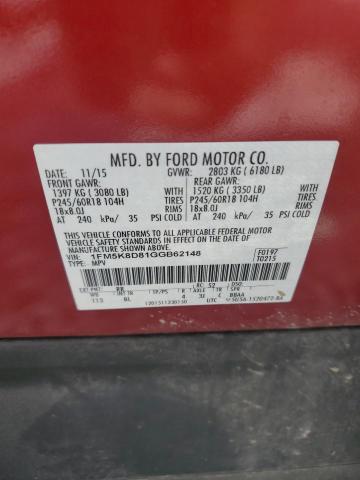 1FM5K8D81GGB62148 - 2016 FORD EXPLORER XLT RED photo 13