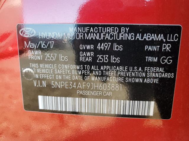 5NPE34AF9JH603881 - 2018 HYUNDAI SONATA SPORT RED photo 10