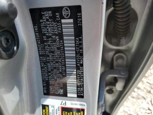 4T1BF1FK7CU114754 - 2012 TOYOTA CAMRY BASE SILVER photo 12