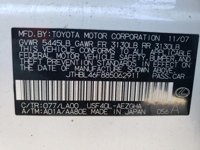 JTHBL46F885062911 - 2008 LEXUS LS 460 WHITE photo 12