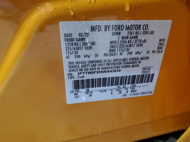 3FTTW8F95NRA43630 - 2022 FORD MAVERICK XL YELLOW photo 12