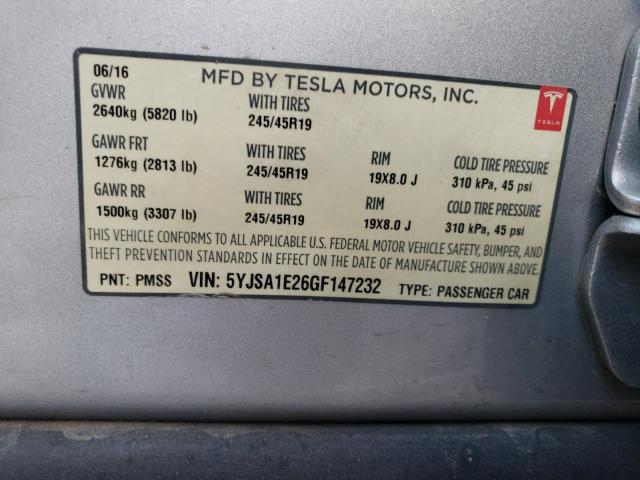 5YJSA1E26GF147232 - 2016 TESLA MODEL S ვერცხლისფერი ფოტო 13