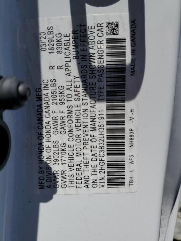 2HGFC3B32LH351911 - 2020 HONDA CIVIC EX WHITE photo 12