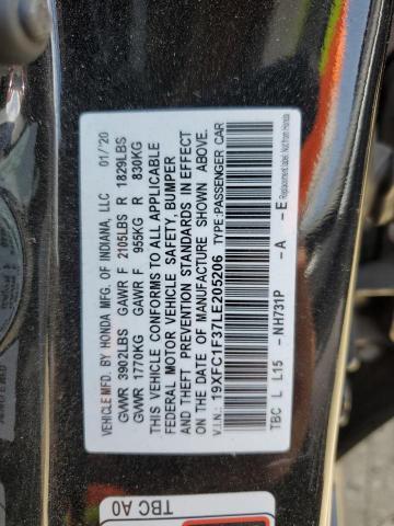 19XFC1F37LE205206 - 2020 HONDA CIVIC EX BLACK photo 12