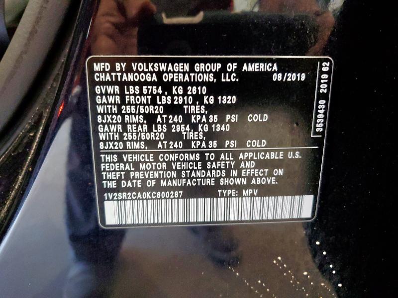 1V2SR2CA0KC600287 - 2019 VOLKSWAGEN ATLAS SEL Чорний фото 14