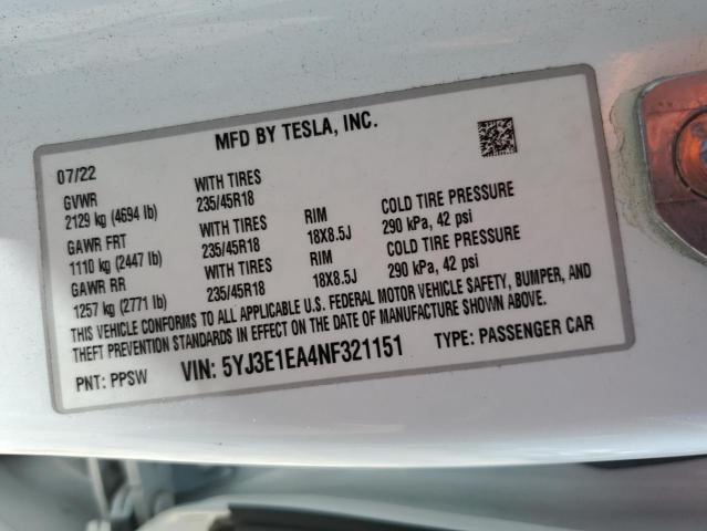 5YJ3E1EA4NF321151 - 2022 TESLA MODEL 3 WHITE photo 13