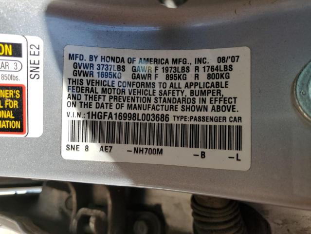 1HGFA16998L003686 - 2008 HONDA CIVIC EXL ვერცხლისფერი ფოტო 12