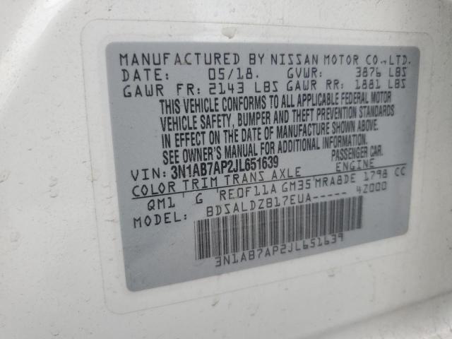 3N1AB7AP2JL651639 - 2018 NISSAN SENTRA S Ақ фото 12