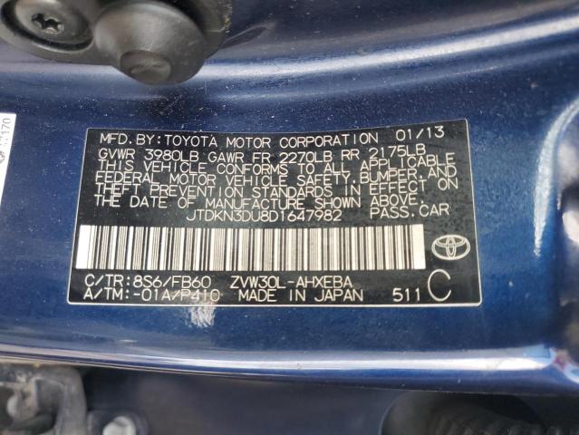 JTDKN3DU8D1647982 - 2013 TOYOTA PRIUS BLUE photo 12