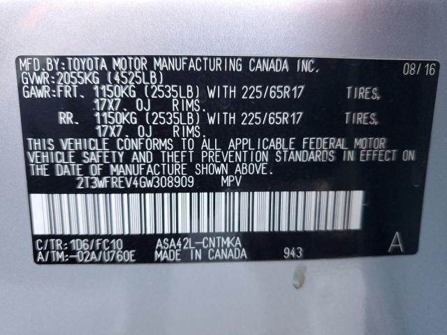 2T3WFREV4GW308909 - 2016 TOYOTA RAV4 XLE ვერცხლისფერი ფოტო 13