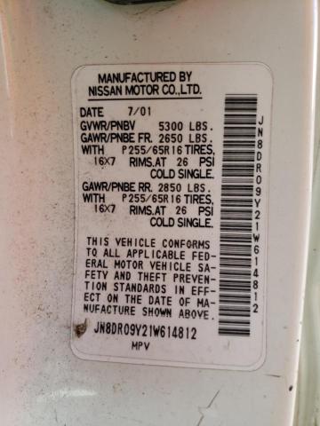 JN8DR09Y21W614812 - 2001 NISSAN PATHFINDER LE 白色 照片 12